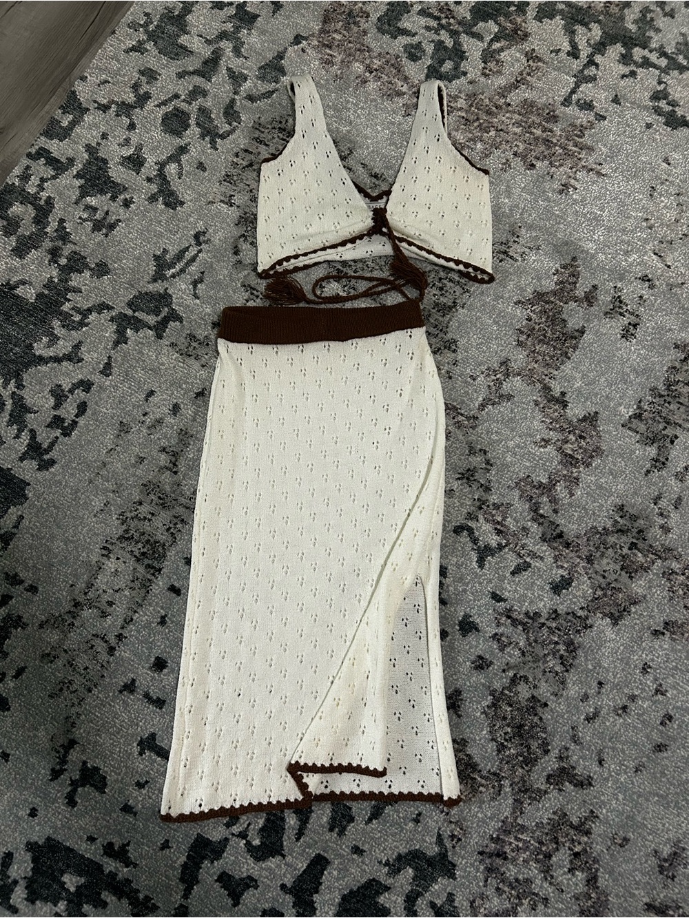 Sage Ivory Knit Midi Two-Piece Dress with Brown Trim